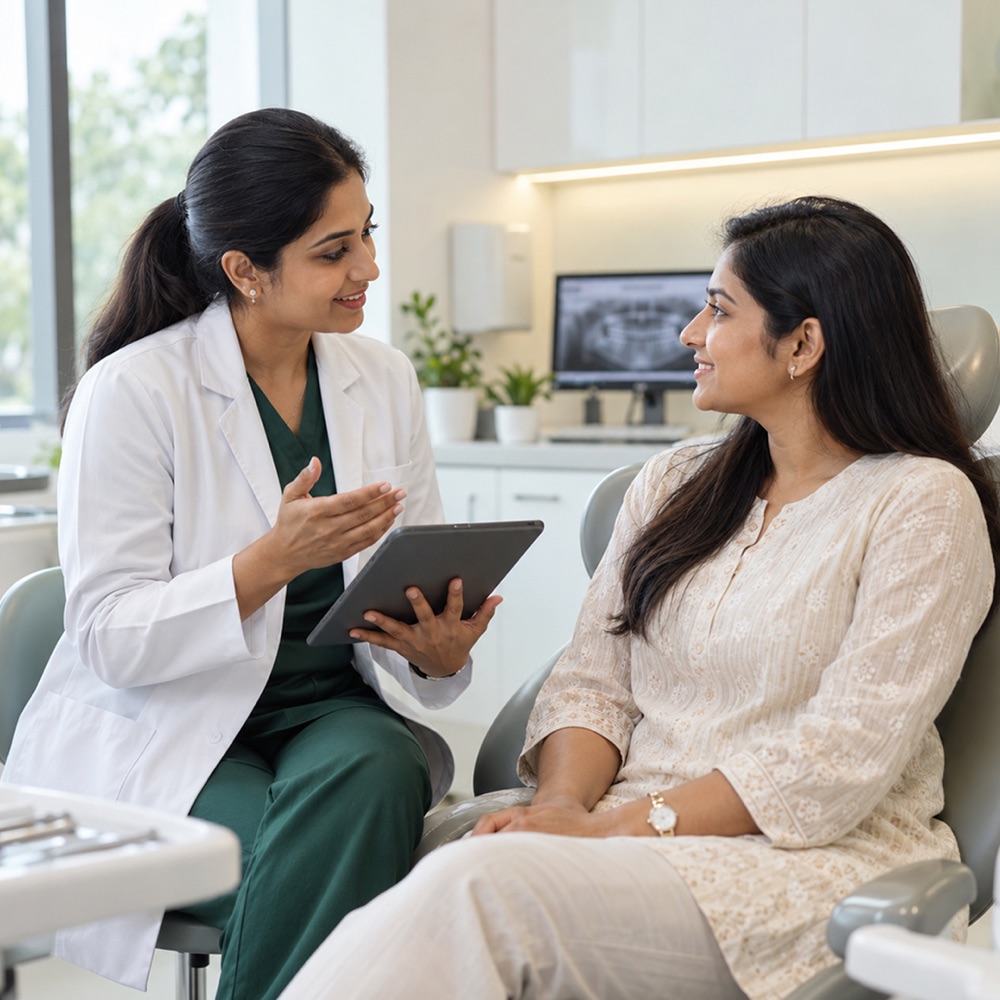 A dentist talking a seated patient through her treatment options