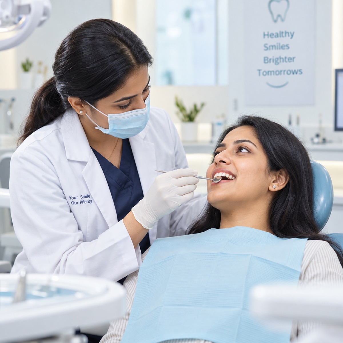 A dentist checking a patient's teeth and gums with a mirror