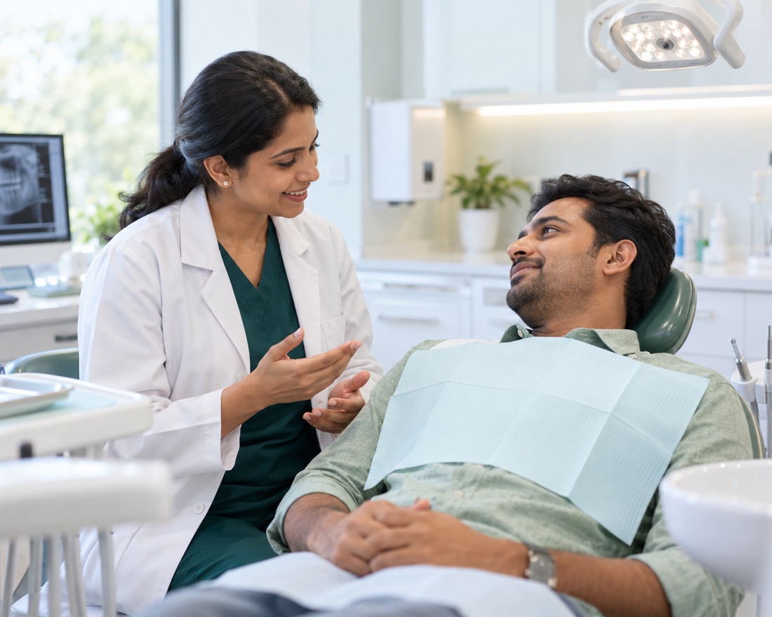 A dentist talking a reclined patient through what the appointment involves
