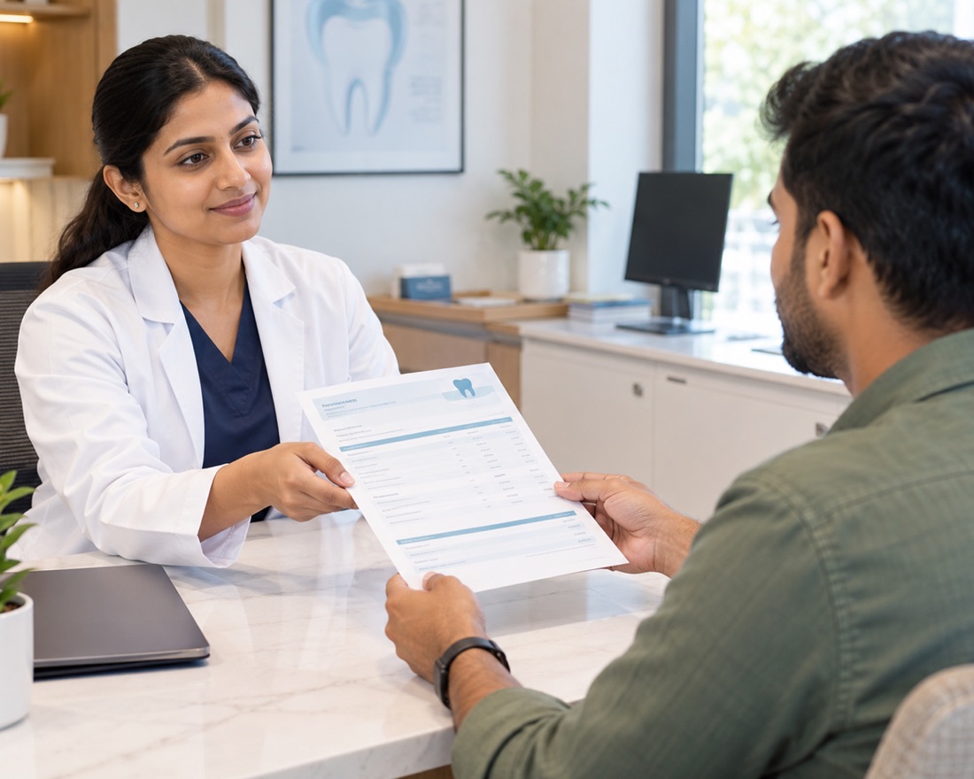 A dentist handing an itemised written estimate across the desk to a patient