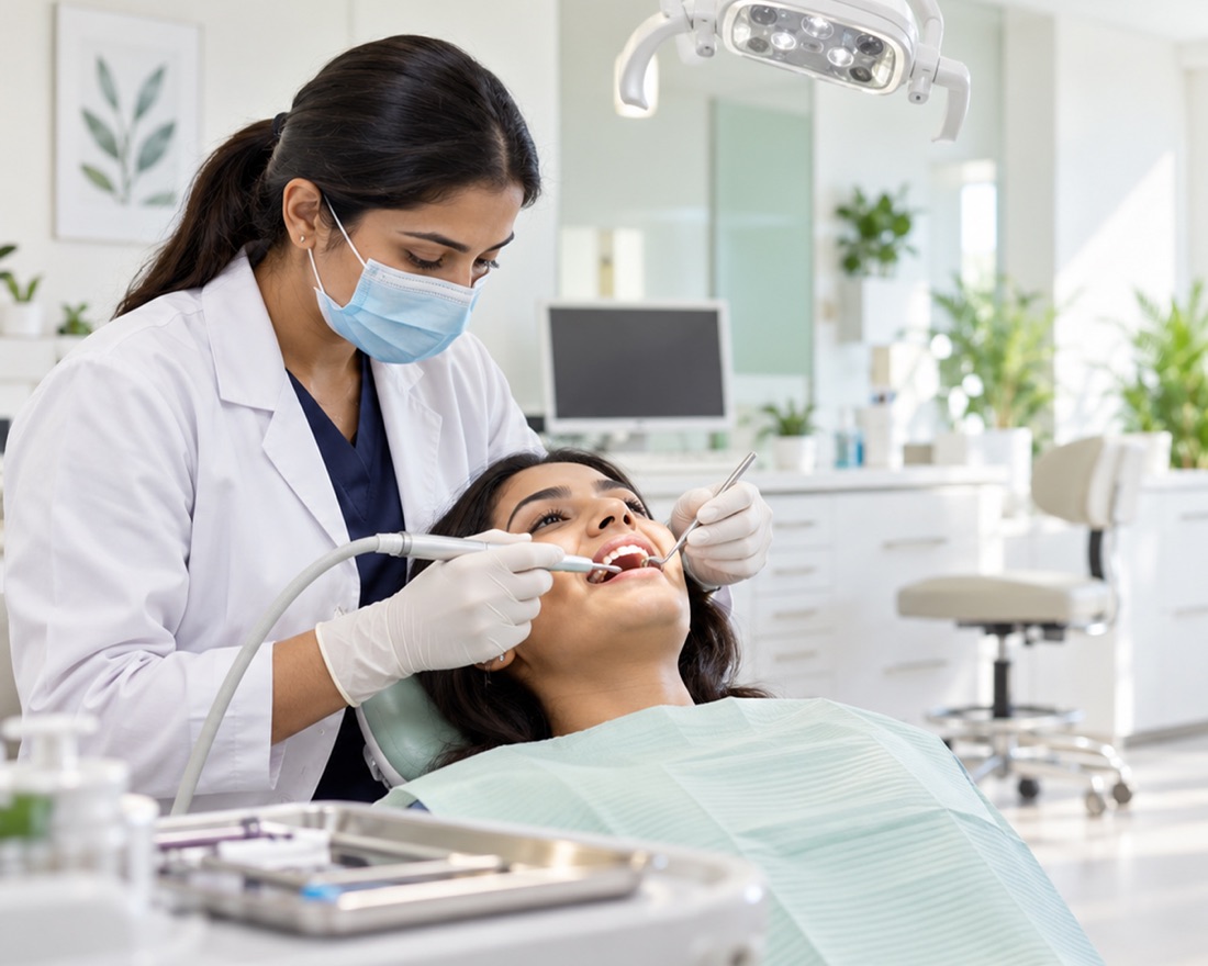 A dentist scaling and polishing a patient's teeth with an ultrasonic handpiece