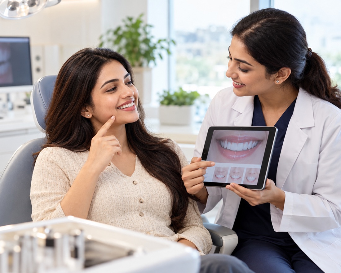 A dentist showing a patient images of their teeth and gums on a tablet