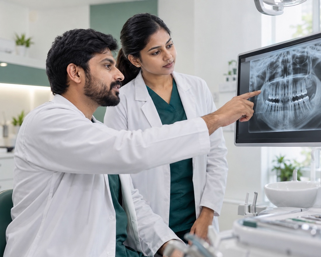 Two clinicians reviewing a patient's panoramic x-ray together